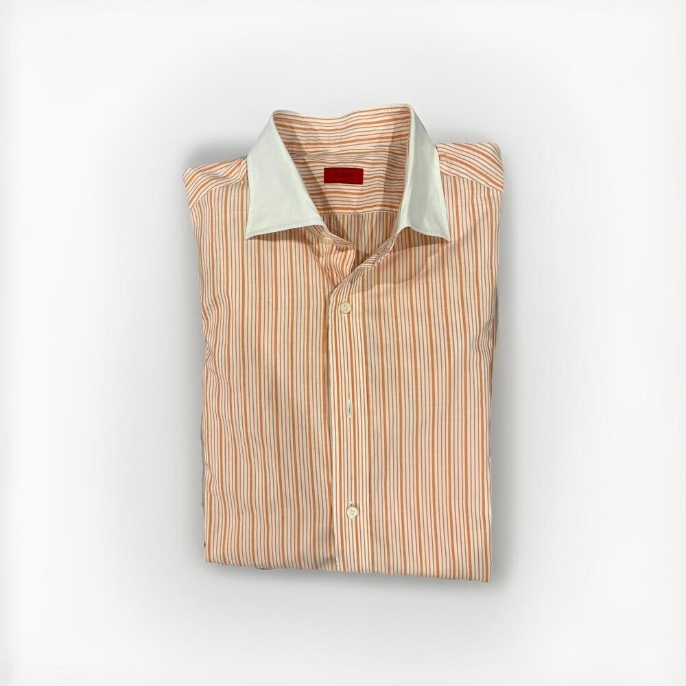 ISAIA NAPOLI MENS DRESS SHIRT 17.5/44 XL ORANGE STRIPES MADE IN ITALY